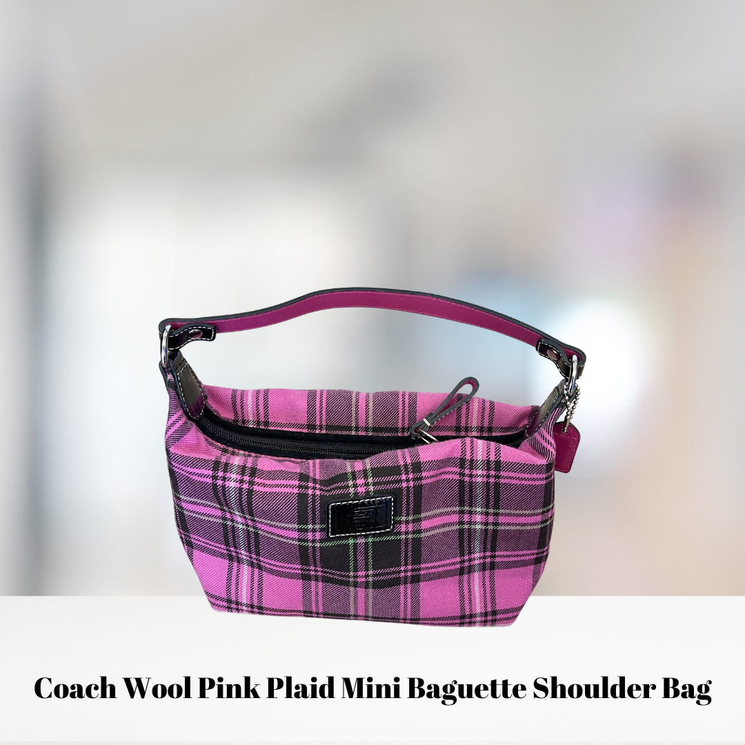 COACH Pink/Black Plaid Wool Fabric-Black Leather Strap Mini Zip Handbag