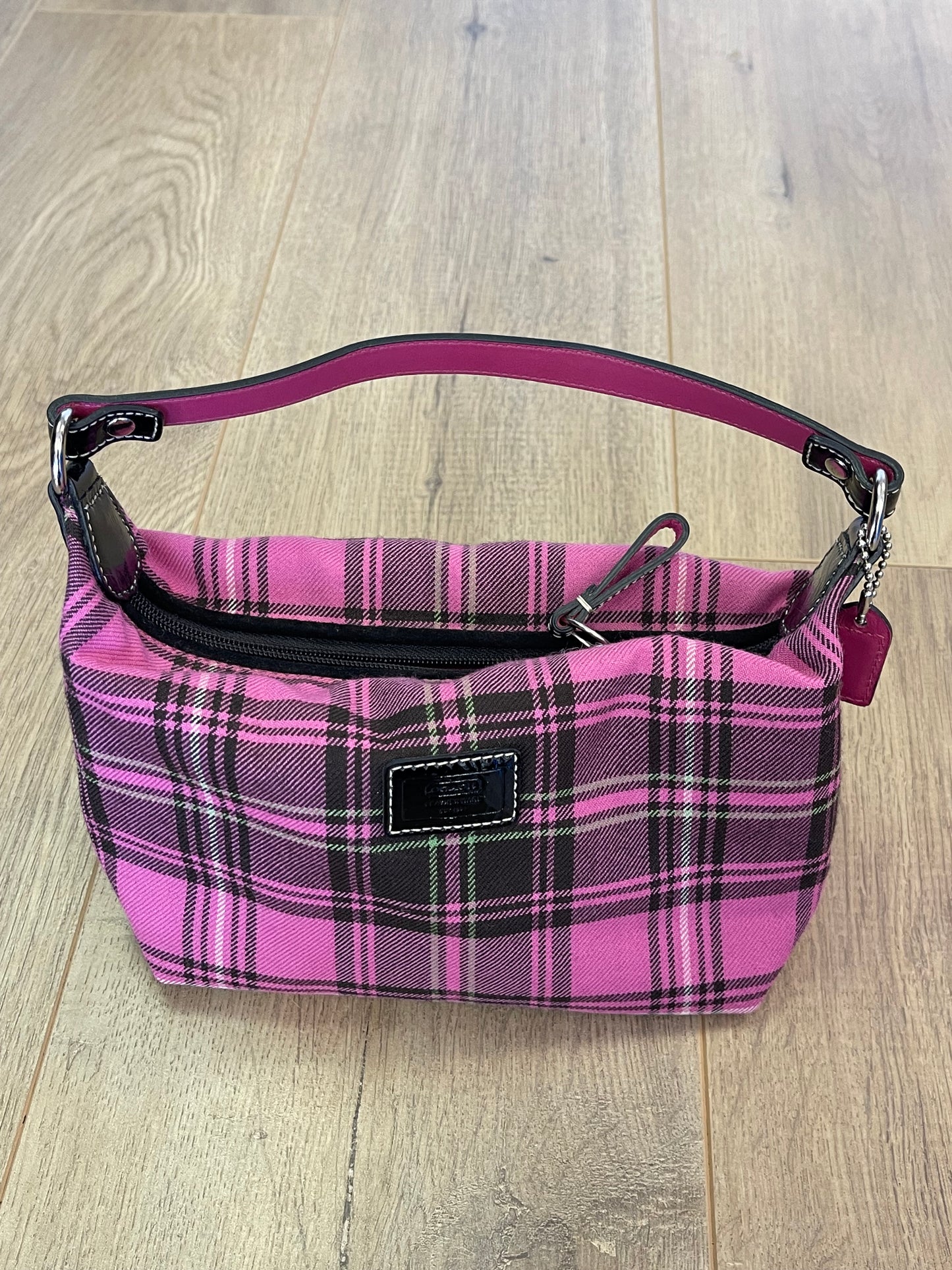 COACH Pink/Black Plaid Wool Fabric-Black Leather Strap Mini Zip Handbag