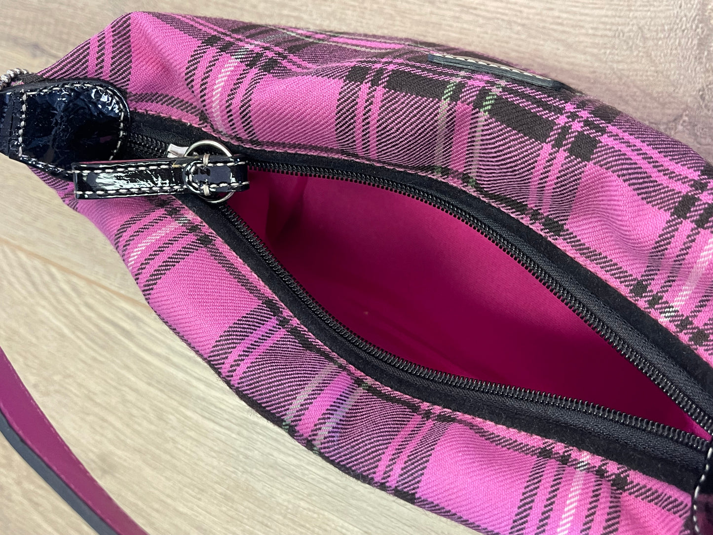 COACH Pink/Black Plaid Wool Fabric-Black Leather Strap Mini Zip Handbag